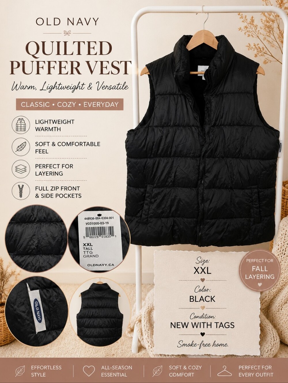 Old Navy Black Quilted Puffer Vest XXL Tall